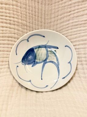 OOAK vintage Chinese porcelain shallow hand painted koi carp serving soup bowl